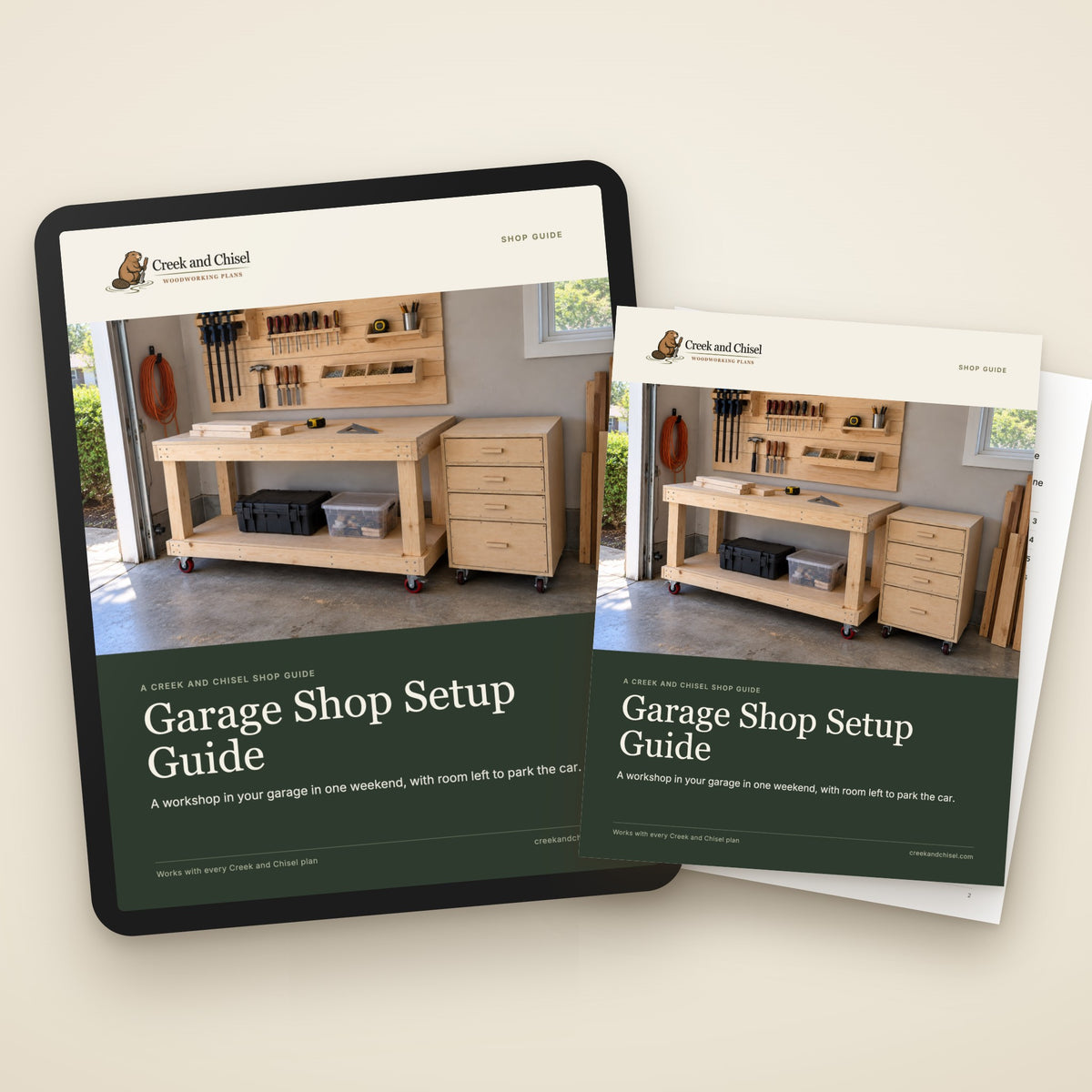 Garage Shop Setup Guide cover on a tablet and as a printed copy