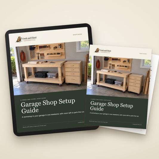 Garage Shop Setup Guide cover on a tablet and as a printed copy
