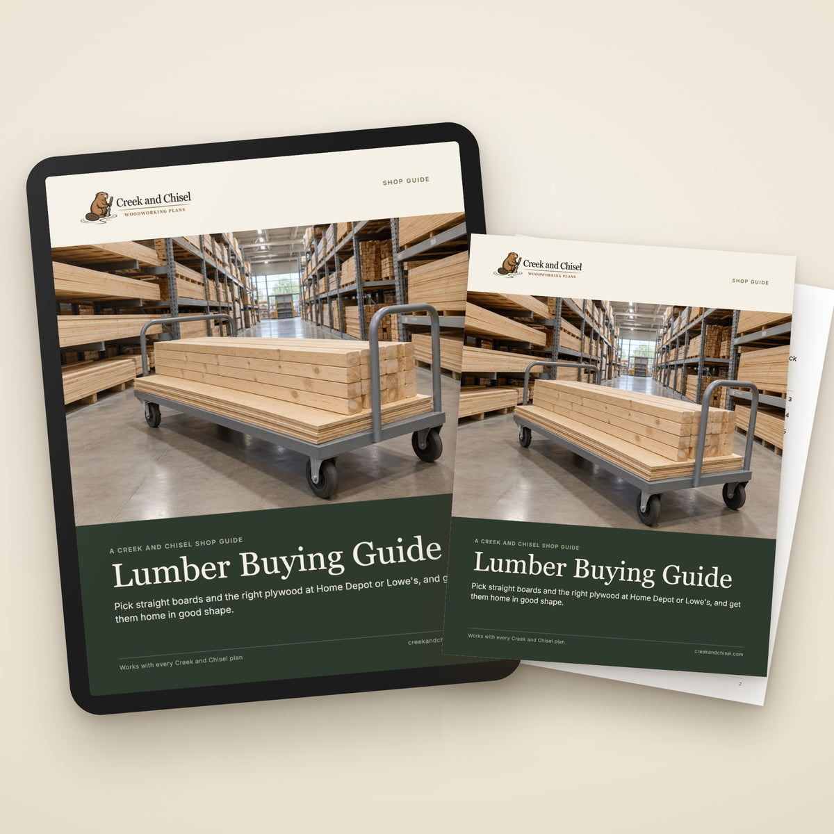 Lumber Buying Guide cover on a tablet and as a printed copy
